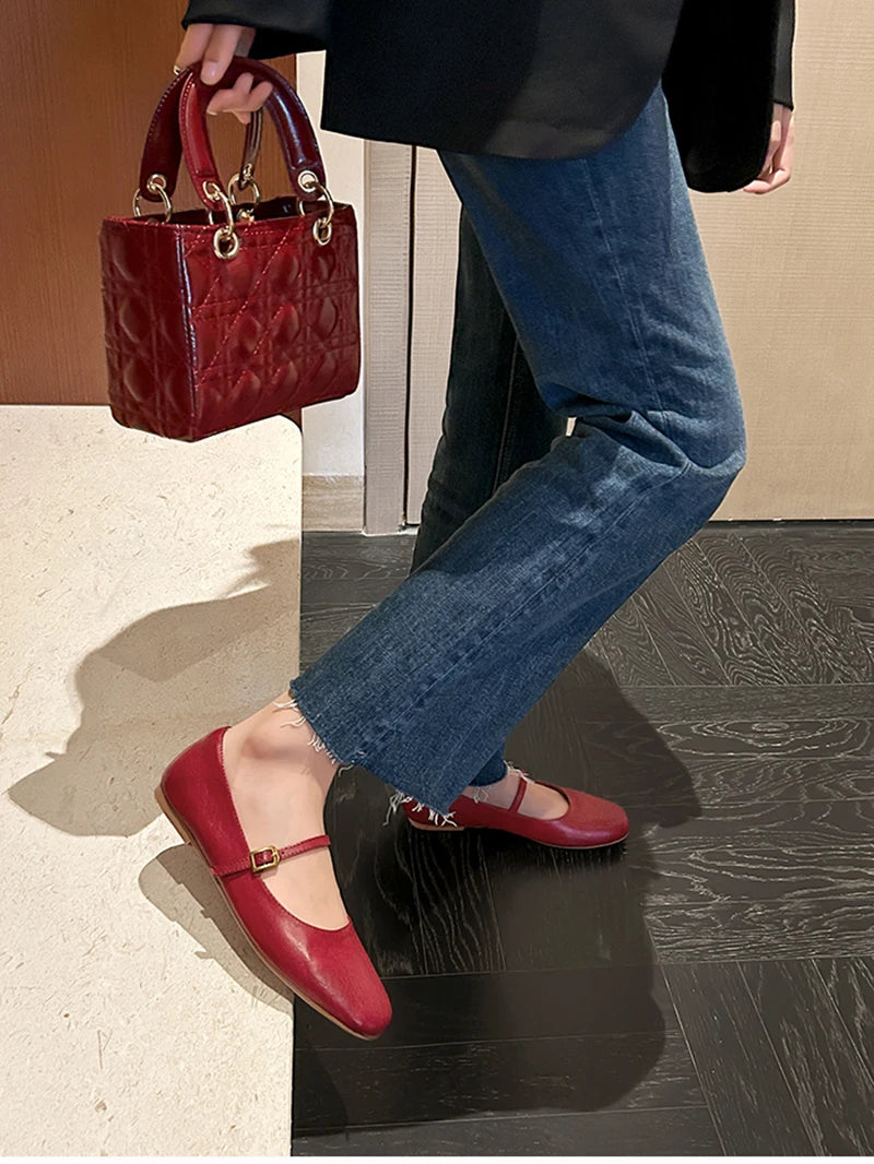 Retro Style Square Toe Women's Mary Jane Shoes Elegant Shallow Dress Flats Leather Footwear for Ladies