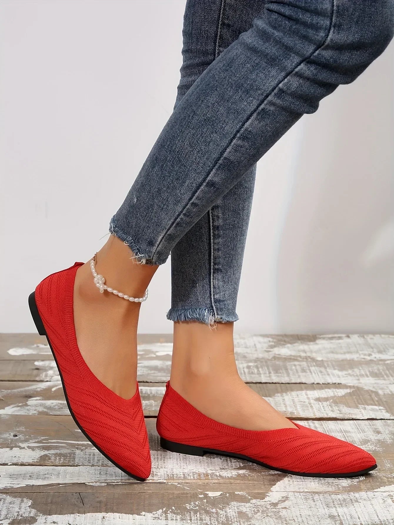 Women's Pointed Toe Flat Shoes Solid Color Knitted Slip on Shoes Casual Breathable Ballet Flats Women Flat Shoes Loafers Women