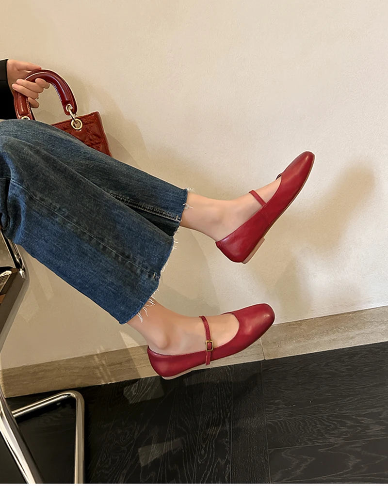 Retro Style Square Toe Women's Mary Jane Shoes Elegant Shallow Dress Flats Leather Footwear for Ladies