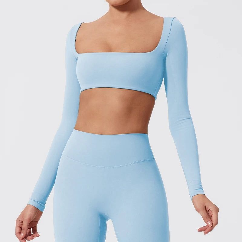 Hearuisavy Summer Quick Dry Square Neck Activewear Women Gym Top Fitness Sports Crop Top Female Casual Long Sleeve Yoga Clothes