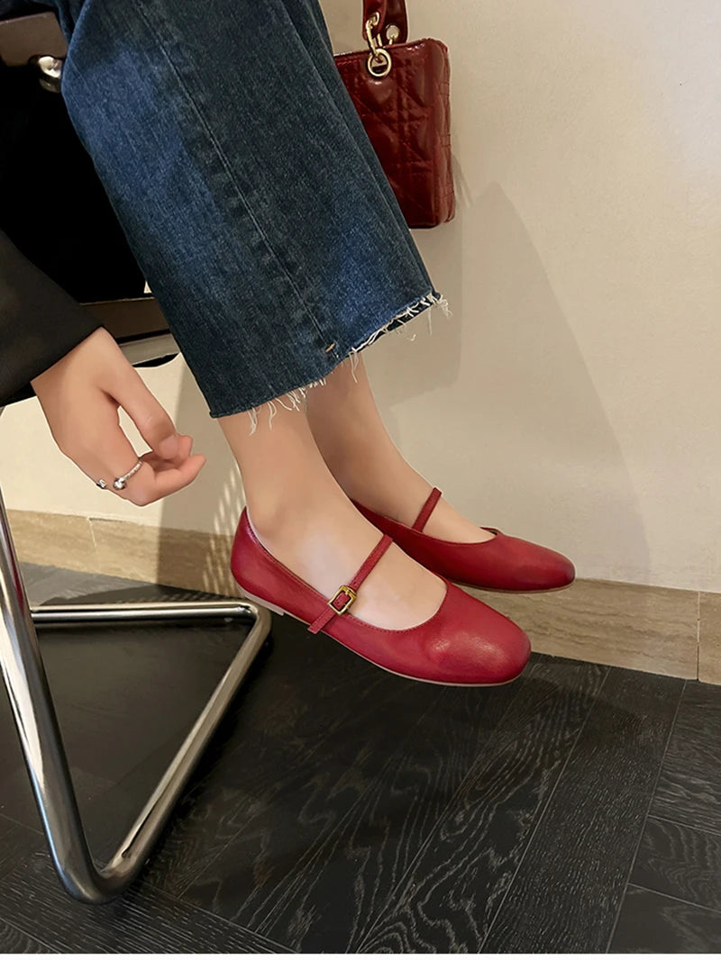 Retro Style Square Toe Women's Mary Jane Shoes Elegant Shallow Dress Flats Leather Footwear for Ladies