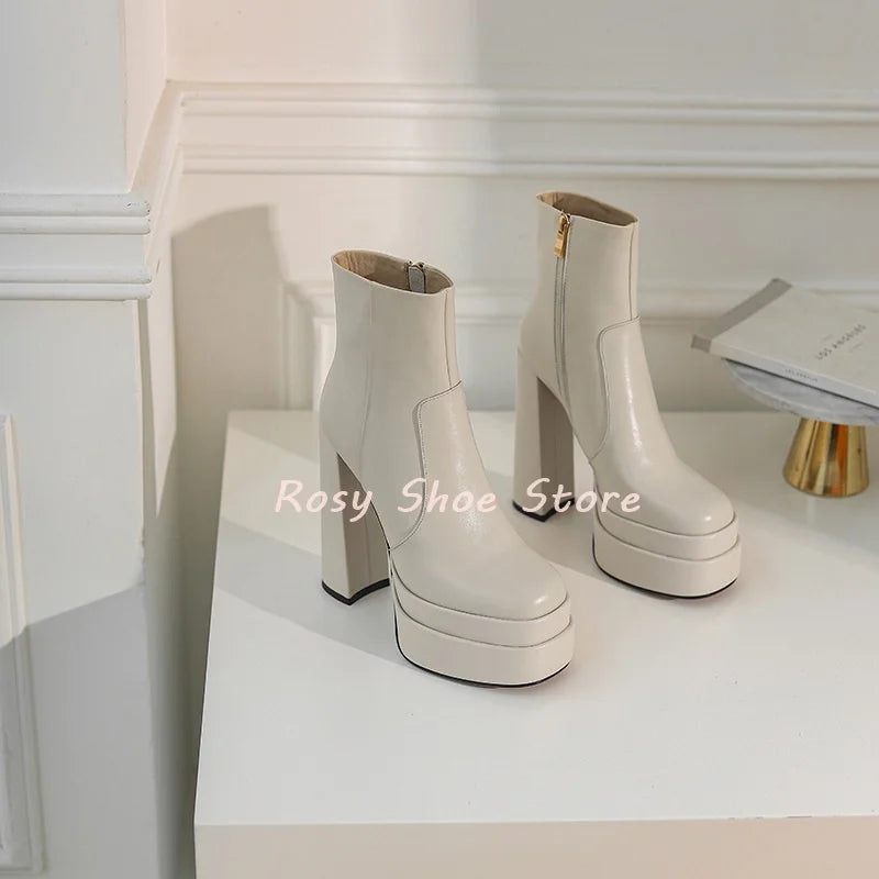 Black White Stitching Leather Square Toe Women's Concise Boots Winter Chunky Heel Waterproof Platform Side Zip Ankle Boots