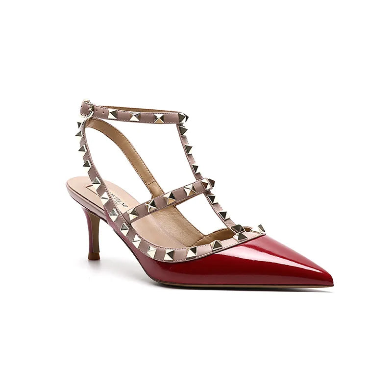 2025 Summer Brand Leather Women's Sandals Classic Rivet Gladiator High Heels Sexy Luxury Pumps Wedding Party Pointed toe Shoes