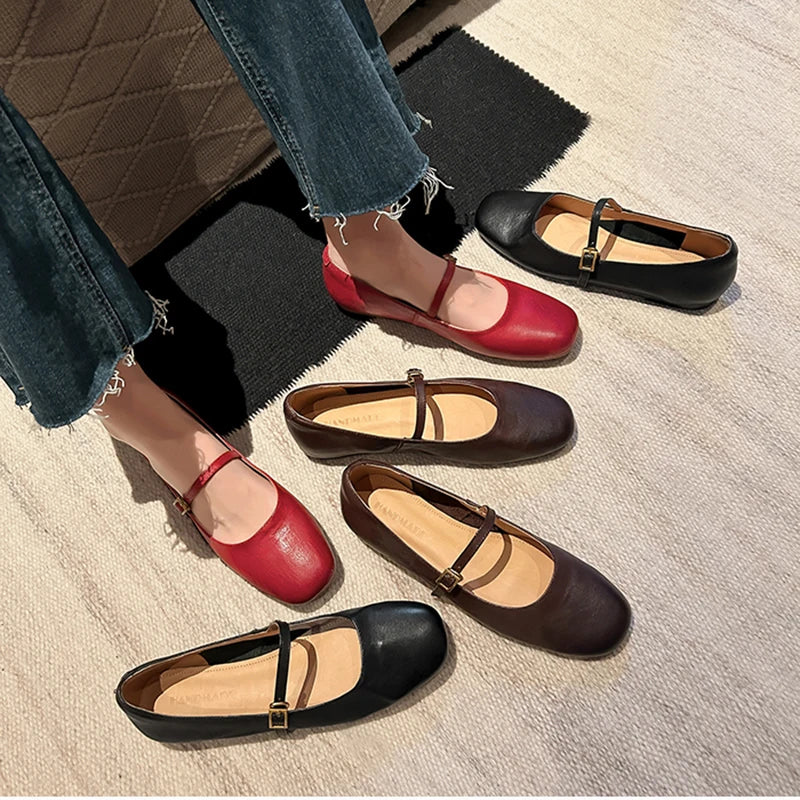 Retro Style Square Toe Women's Mary Jane Shoes Elegant Shallow Dress Flats Leather Footwear for Ladies